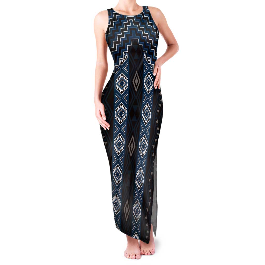 New Zealand Aotearoa Tank Maxi Dress Blue Poutama With Taniko Pattern LT05