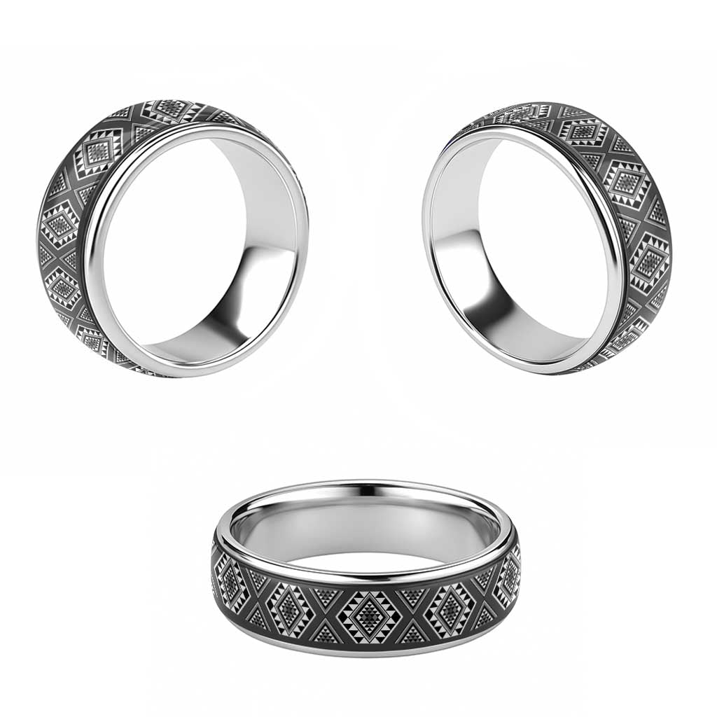 New Zealand Aotearoa Classic Ring Black Poutama With Taniko Pattern - Polynesian Pride