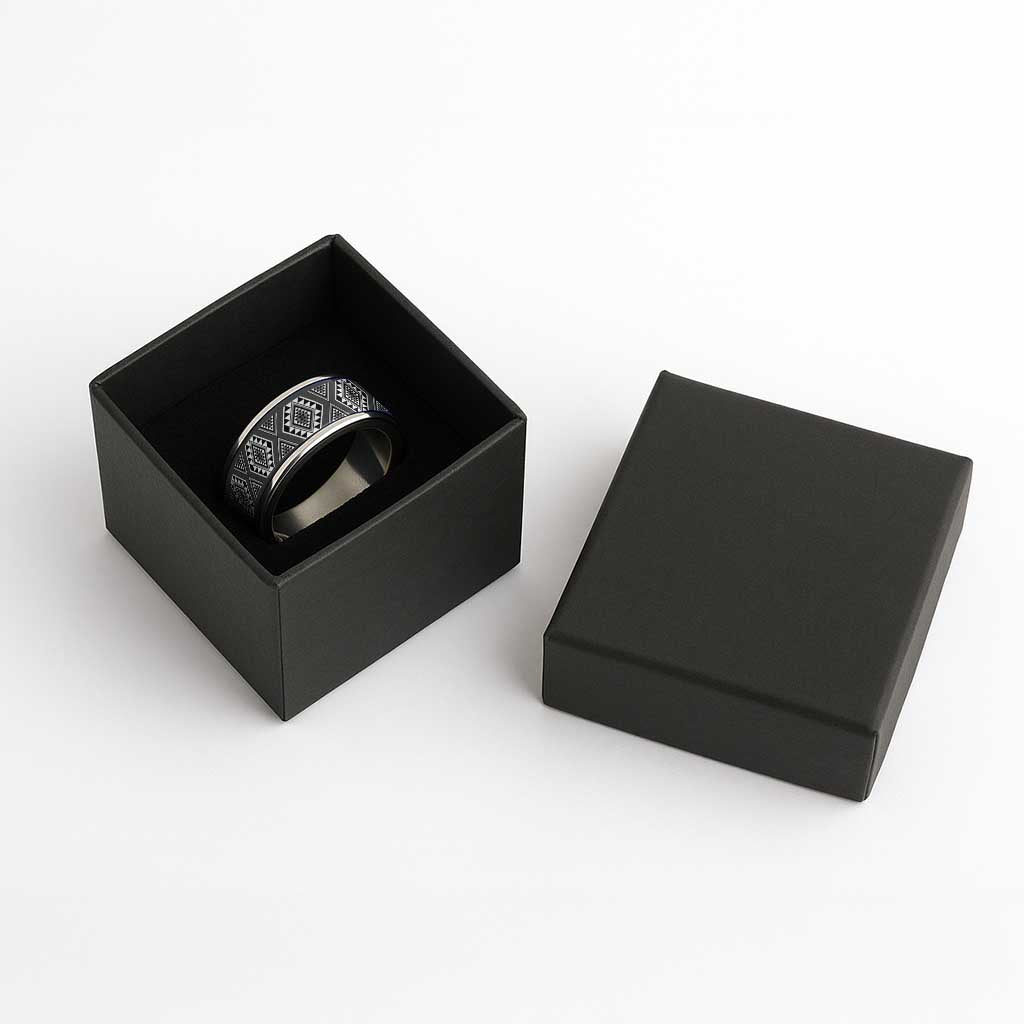 New Zealand Aotearoa Classic Ring Black Poutama With Taniko Pattern - Polynesian Pride