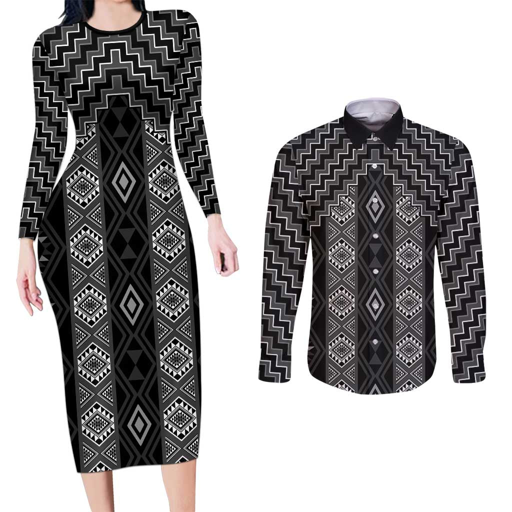 New Zealand Aotearoa Couples Matching Long Sleeve Bodycon Dress and Long Sleeve Button Shirt Black Poutama With Taniko Pattern LT05