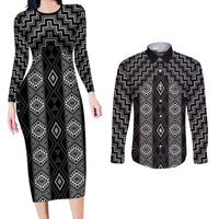 New Zealand Aotearoa Couples Matching Long Sleeve Bodycon Dress and Long Sleeve Button Shirt Black Poutama With Taniko Pattern LT05