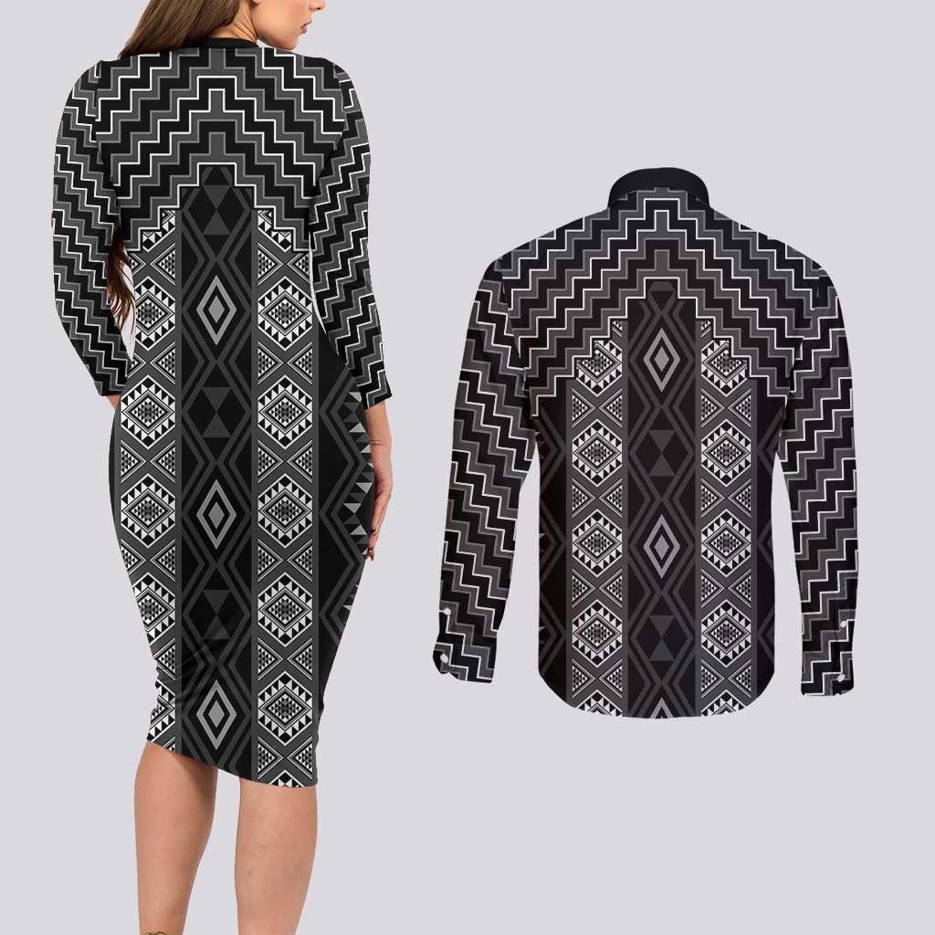 New Zealand Aotearoa Couples Matching Long Sleeve Bodycon Dress and Long Sleeve Button Shirt Black Poutama With Taniko Pattern LT05