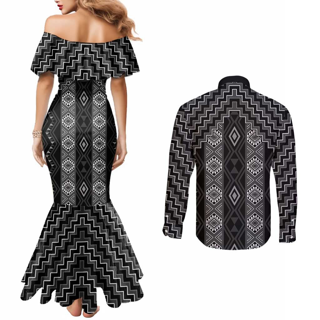 New Zealand Aotearoa Couples Matching Mermaid Dress and Long Sleeve Button Shirt Black Poutama With Taniko Pattern LT05