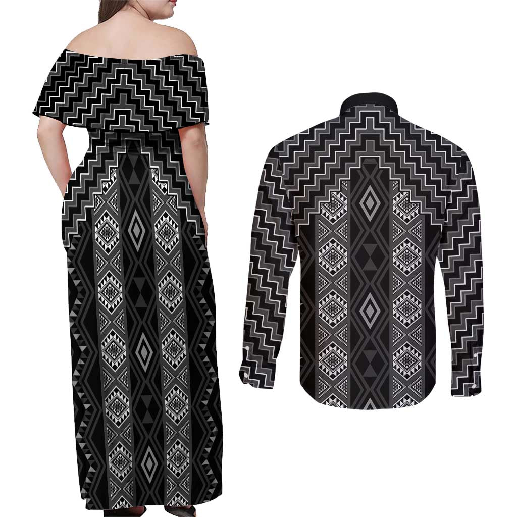 New Zealand Aotearoa Couples Matching Off Shoulder Maxi Dress and Long Sleeve Button Shirt Black Poutama With Taniko Pattern LT05