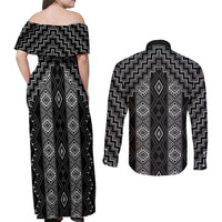 New Zealand Aotearoa Couples Matching Off Shoulder Maxi Dress and Long Sleeve Button Shirt Black Poutama With Taniko Pattern LT05