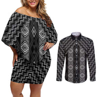New Zealand Aotearoa Couples Matching Off Shoulder Short Dress and Long Sleeve Button Shirt Black Poutama With Taniko Pattern LT05