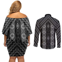New Zealand Aotearoa Couples Matching Off Shoulder Short Dress and Long Sleeve Button Shirt Black Poutama With Taniko Pattern LT05