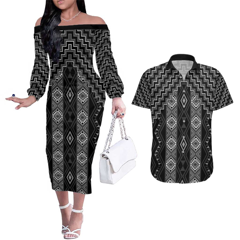 New Zealand Aotearoa Couples Matching Off The Shoulder Long Sleeve Dress and Hawaiian Shirt Black Poutama With Taniko Pattern LT05