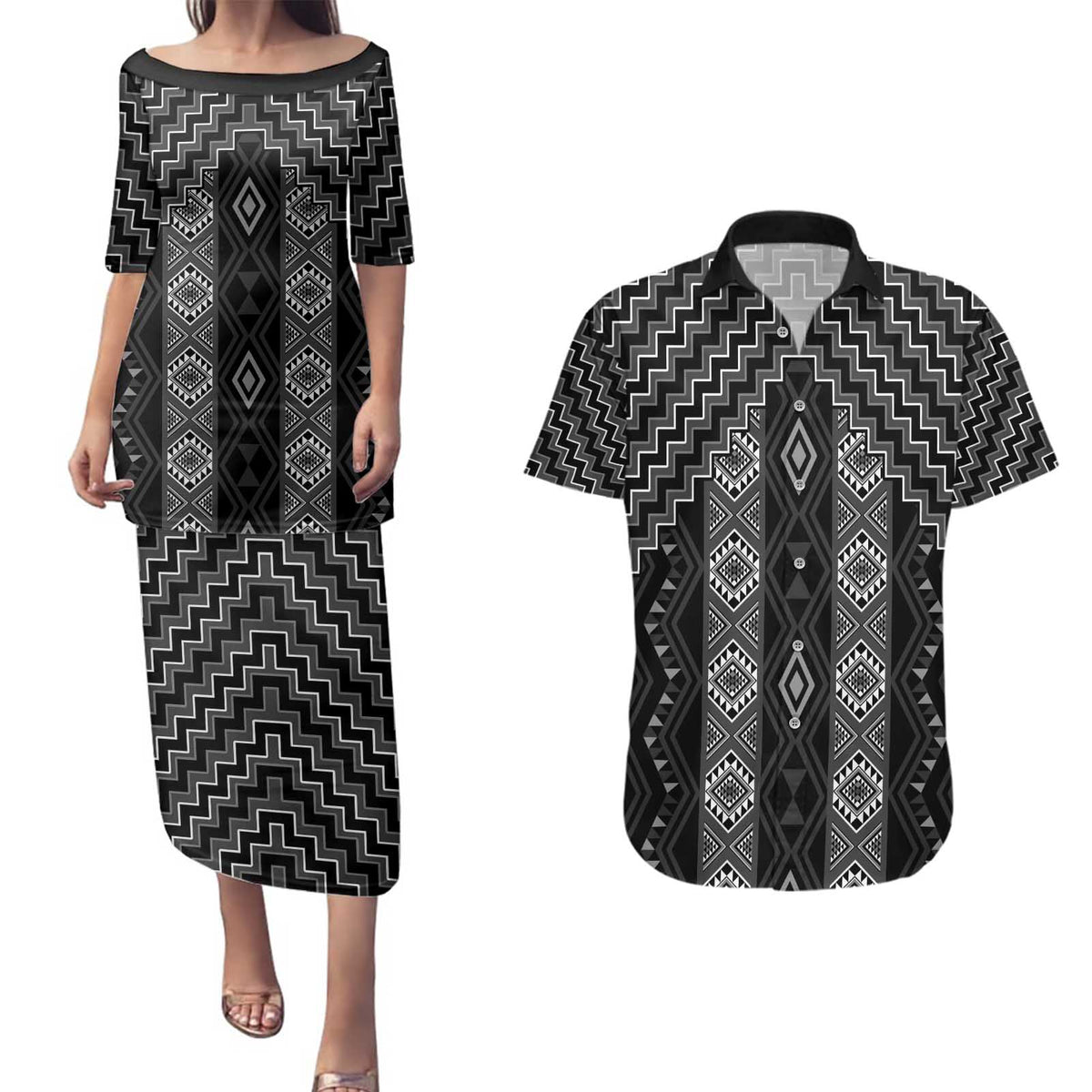 New Zealand Aotearoa Couples Matching Puletasi and Hawaiian Shirt Black Poutama With Taniko Pattern LT05