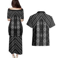 New Zealand Aotearoa Couples Matching Puletasi and Hawaiian Shirt Black Poutama With Taniko Pattern LT05
