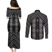 New Zealand Aotearoa Couples Matching Puletasi and Long Sleeve Button Shirt Black Poutama With Taniko Pattern LT05