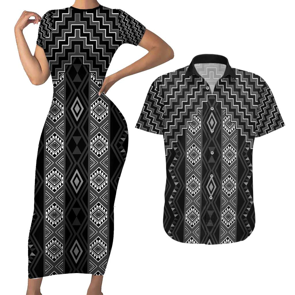 New Zealand Aotearoa Couples Matching Short Sleeve Bodycon Dress and Hawaiian Shirt Black Poutama With Taniko Pattern LT05