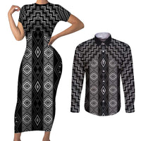 New Zealand Aotearoa Couples Matching Short Sleeve Bodycon Dress and Long Sleeve Button Shirt Black Poutama With Taniko Pattern LT05