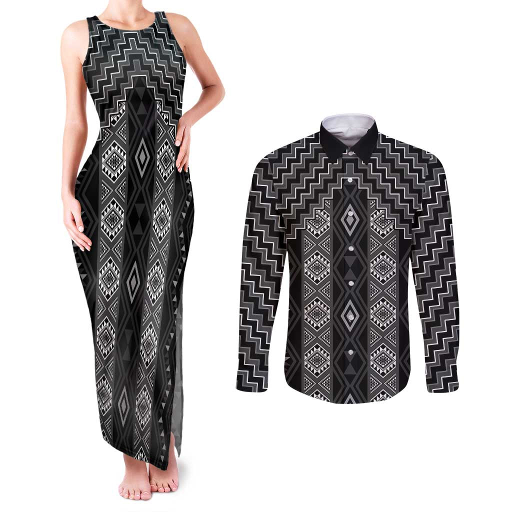 New Zealand Aotearoa Couples Matching Tank Maxi Dress and Long Sleeve Button Shirt Black Poutama With Taniko Pattern LT05