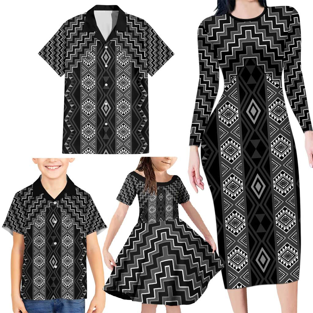 New Zealand Aotearoa Family Matching Long Sleeve Bodycon Dress and Hawaiian Shirt Black Poutama With Taniko Pattern LT05 - Polynesian Pride