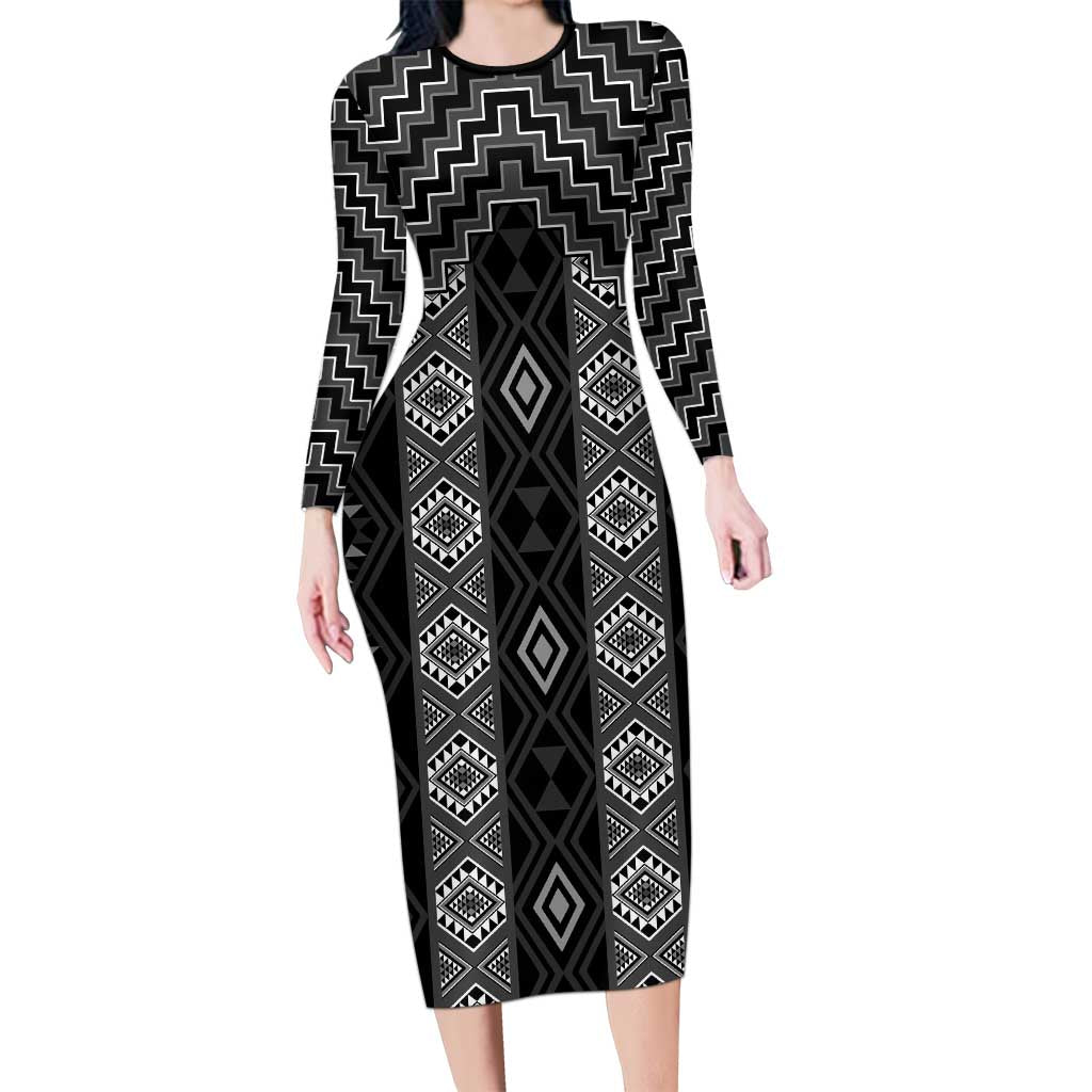 New Zealand Aotearoa Family Matching Long Sleeve Bodycon Dress and Hawaiian Shirt Black Poutama With Taniko Pattern LT05 Mom's Dress Black - Polynesian Pride