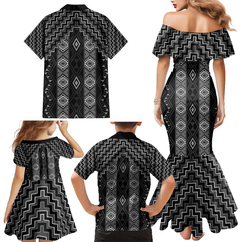 New Zealand Aotearoa Family Matching Mermaid Dress and Hawaiian Shirt Black Poutama With Taniko Pattern LT05 - Polynesian Pride