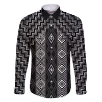 New Zealand Aotearoa Family Matching Mermaid Dress and Hawaiian Shirt Black Poutama With Taniko Pattern LT05 Dad's Shirt - Long Sleeve Black - Polynesian Pride