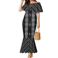 New Zealand Aotearoa Family Matching Mermaid Dress and Hawaiian Shirt Black Poutama With Taniko Pattern LT05 Mom's Dress Black - Polynesian Pride