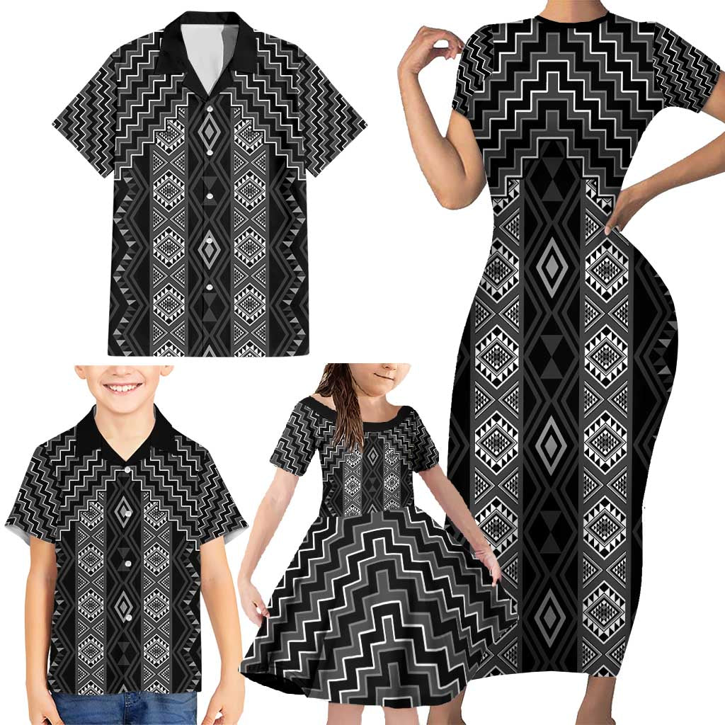 New Zealand Aotearoa Family Matching Short Sleeve Bodycon Dress and Hawaiian Shirt Black Poutama With Taniko Pattern LT05 - Polynesian Pride