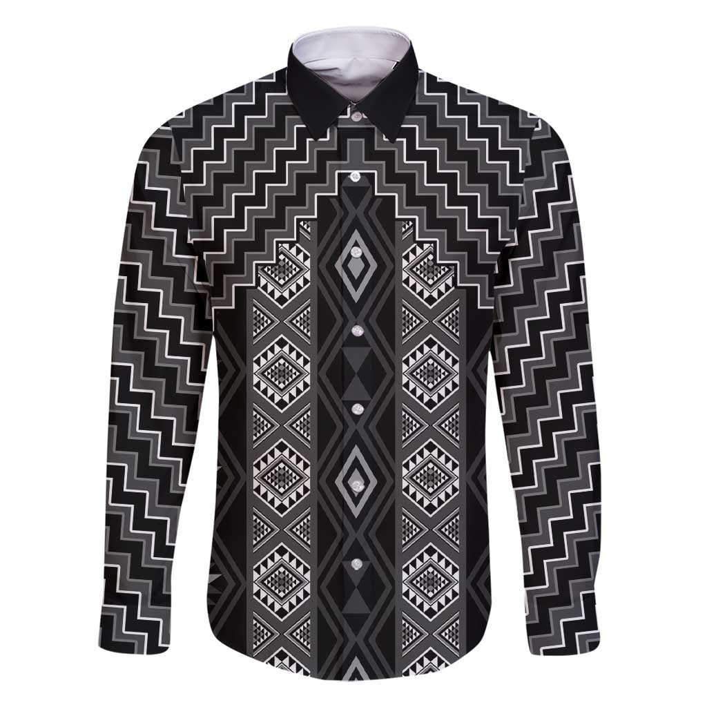 New Zealand Aotearoa Family Matching Short Sleeve Bodycon Dress and Hawaiian Shirt Black Poutama With Taniko Pattern LT05 Dad's Shirt - Long Sleeve Black - Polynesian Pride