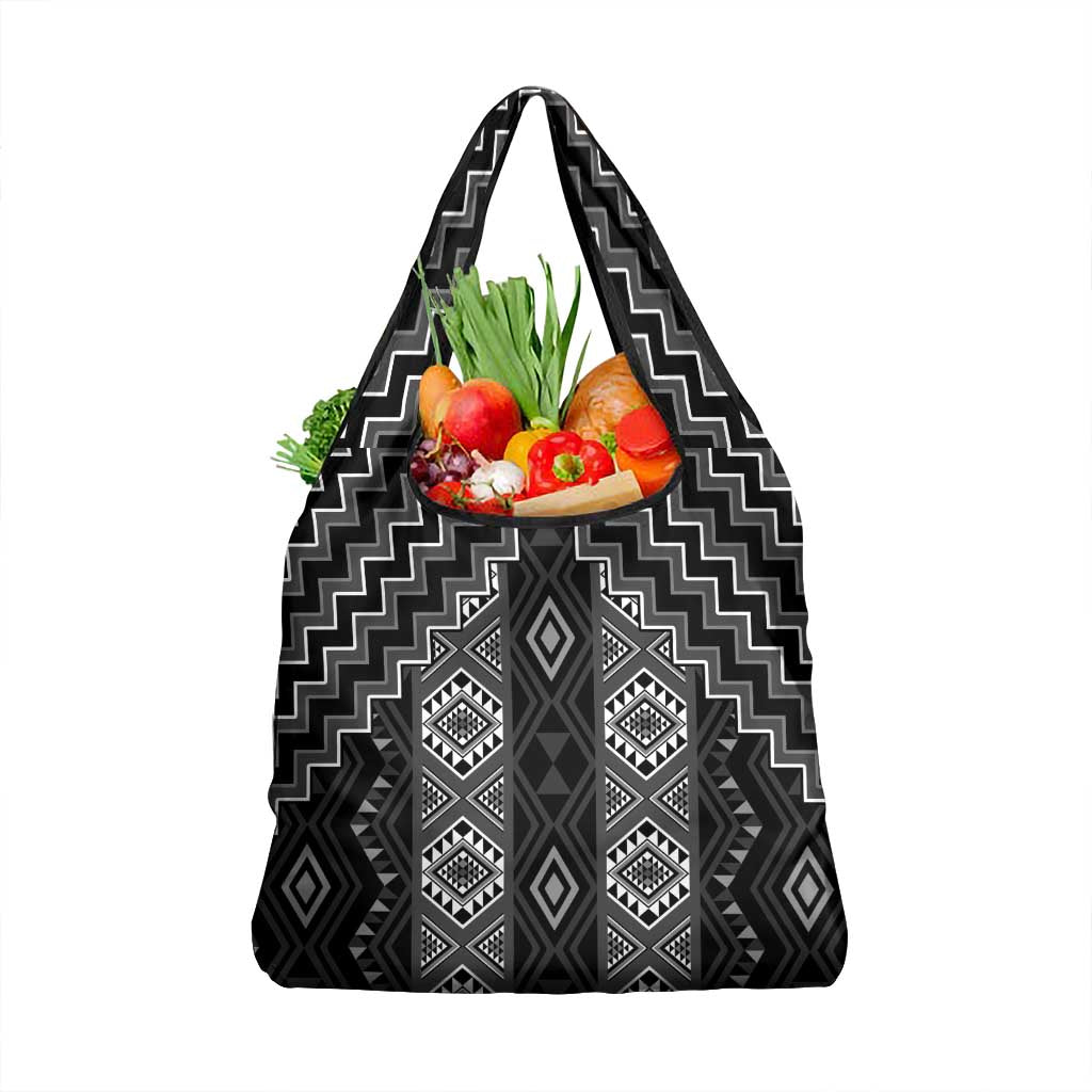 New Zealand Aotearoa Grocery Bag Black Poutama With Taniko Pattern