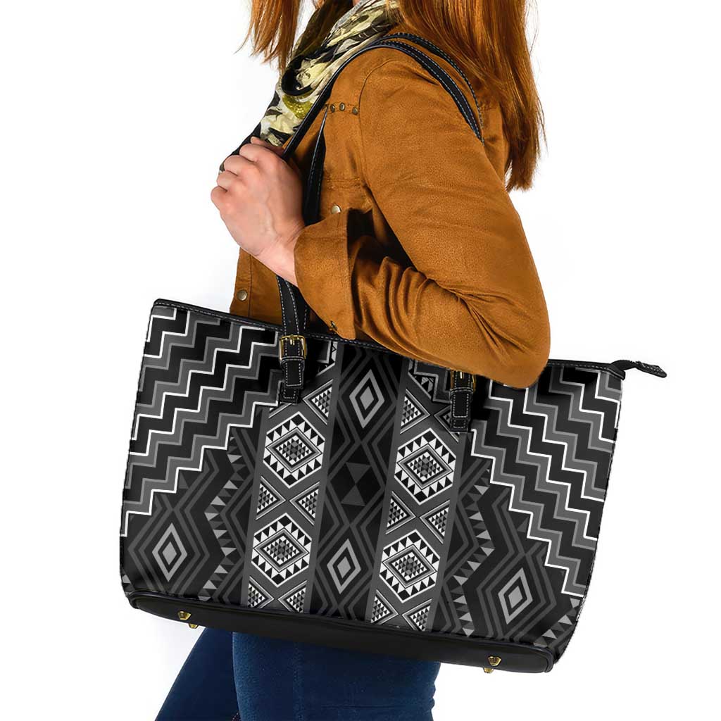 New Zealand Aotearoa Leather Tote Bag Black Poutama With Taniko Pattern LT05