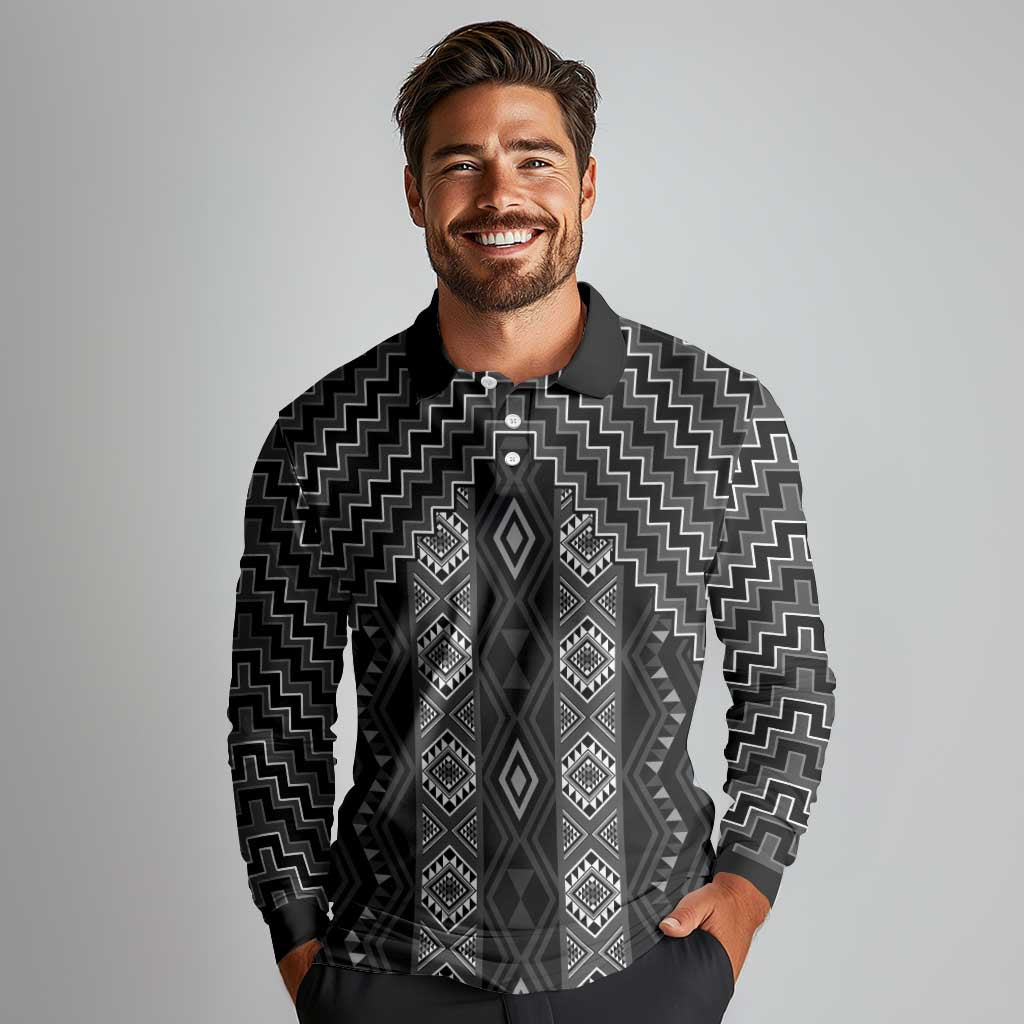 New Zealand Aotearoa Long Sleeve Polo Shirt Black Poutama With Taniko Pattern LT05