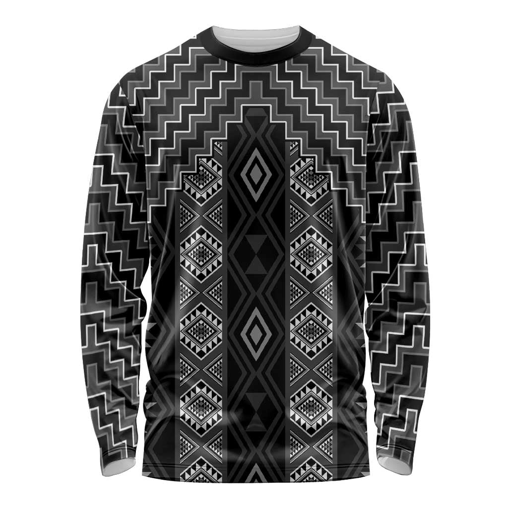 New Zealand Aotearoa Long Sleeve Shirt Black Poutama With Taniko Pattern LT05