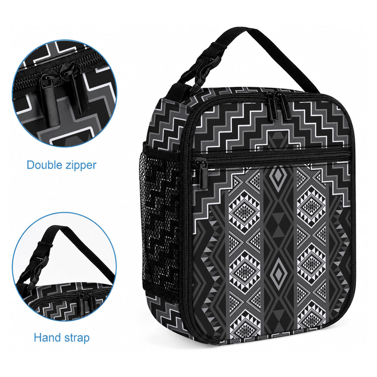 New Zealand Aotearoa Lunch Bag Black Poutama With Taniko Pattern LT05 - Polynesian Pride