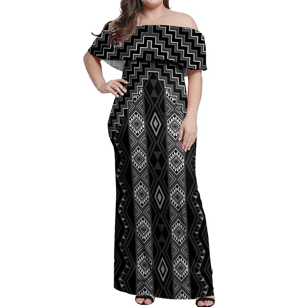 New Zealand Aotearoa Off Shoulder Maxi Dress Black Poutama With Taniko Pattern LT05