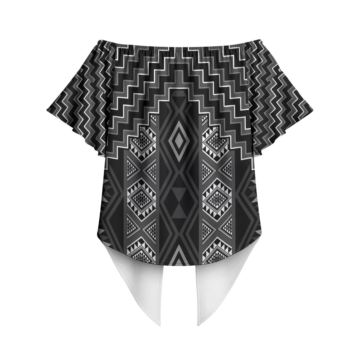 New Zealand Aotearoa Off Shoulder Wrap Waist Top Black Poutama With Taniko Pattern LT05 - Polynesian Pride