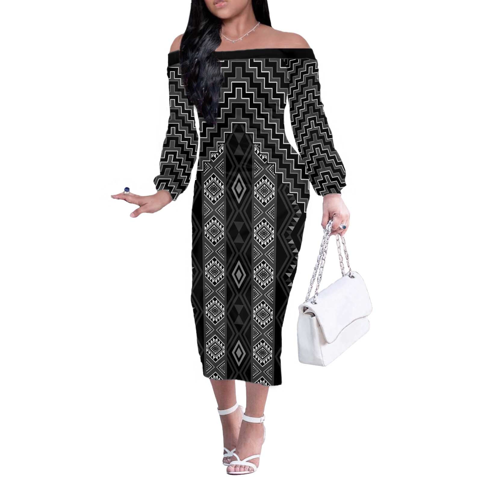 New Zealand Aotearoa Off The Shoulder Long Sleeve Dress Black Poutama With Taniko Pattern LT05