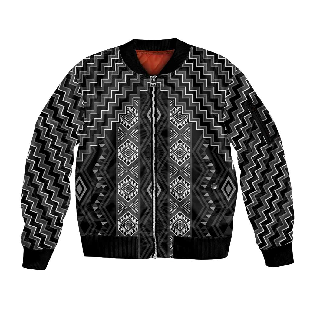 New Zealand Aotearoa Sleeve Zip Bomber Jacket Black Poutama With Taniko Pattern LT05