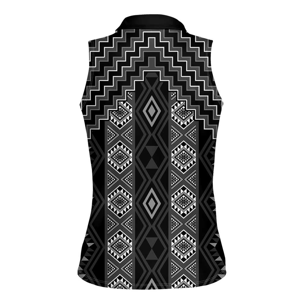 New Zealand Aotearoa Women Sleeveless Polo Shirt Black Poutama With Taniko Pattern LT05