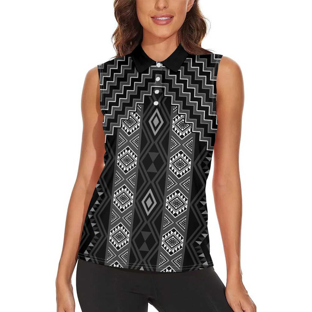 New Zealand Aotearoa Women Sleeveless Polo Shirt Black Poutama With Taniko Pattern LT05