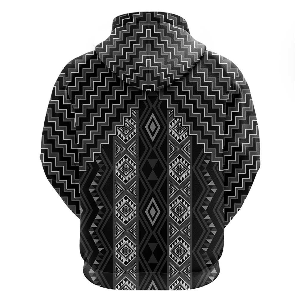 New Zealand Aotearoa Zip Hoodie Black Poutama With Taniko Pattern LT05