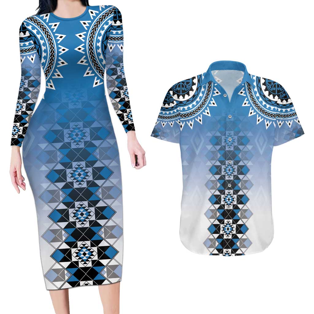 New Zealand Couples Matching Long Sleeve Bodycon Dress and Hawaiian Shirt Poutama Mix Blue Taniko Inspired Art LT05