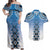 New Zealand Couples Matching Off Shoulder Maxi Dress and Hawaiian Shirt Poutama Mix Blue Taniko Inspired Art LT05