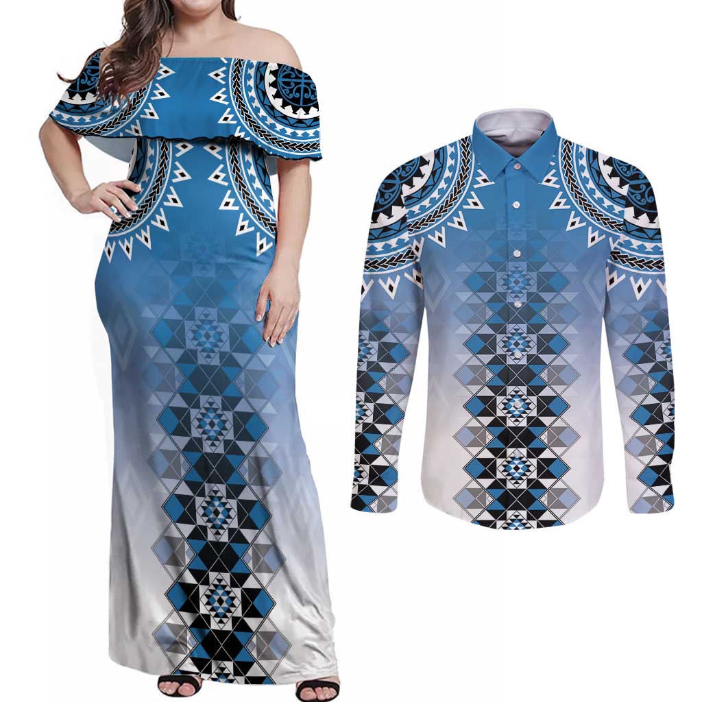 New Zealand Couples Matching Off Shoulder Maxi Dress and Long Sleeve Button Shirt Poutama Mix Blue Taniko Inspired Art LT05