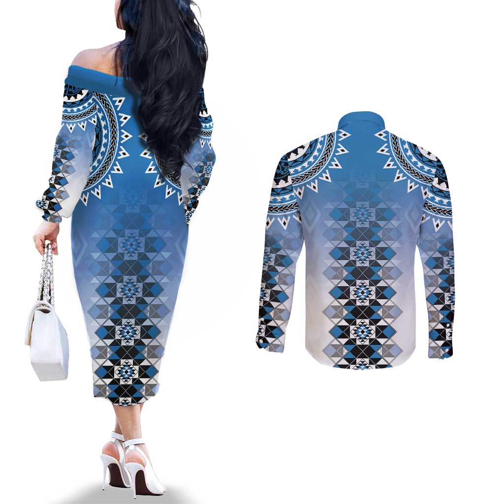 New Zealand Couples Matching Off The Shoulder Long Sleeve Dress and Long Sleeve Button Shirt Poutama Mix Blue Taniko Inspired Art LT05