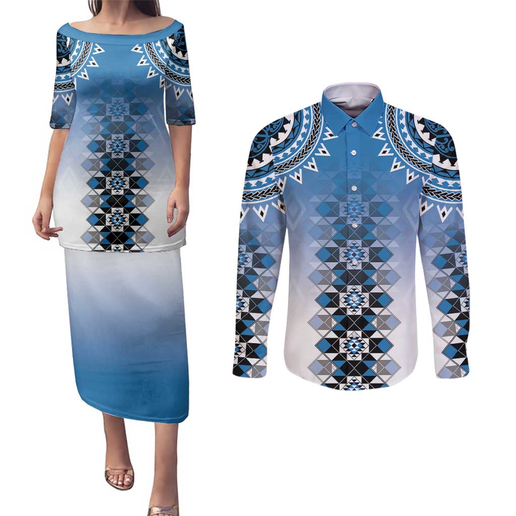 New Zealand Couples Matching Puletasi and Long Sleeve Button Shirt Poutama Mix Blue Taniko Inspired Art LT05