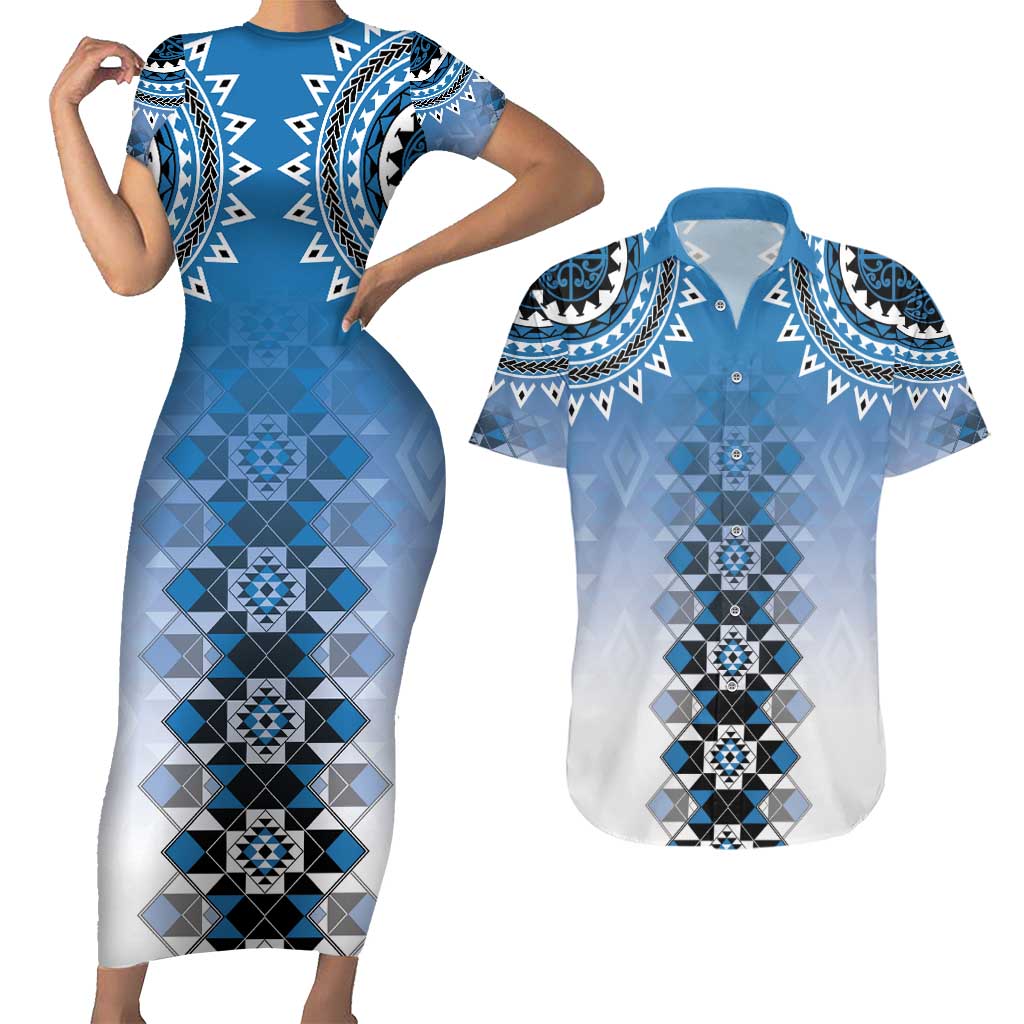 New Zealand Couples Matching Short Sleeve Bodycon Dress and Hawaiian Shirt Poutama Mix Blue Taniko Inspired Art LT05