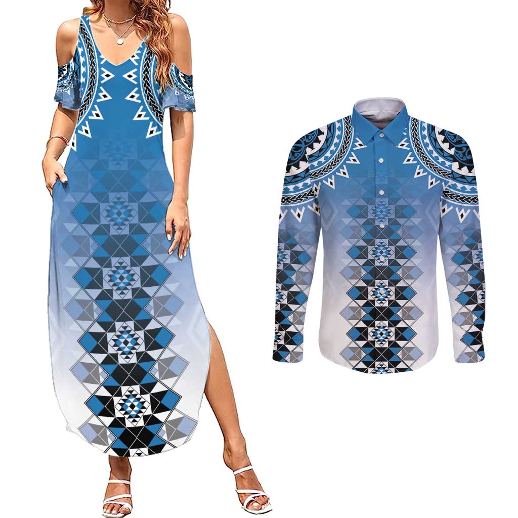 New Zealand Couples Matching Summer Maxi Dress and Long Sleeve Button Shirt Poutama Mix Blue Taniko Inspired Art LT05