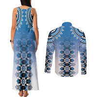 New Zealand Couples Matching Tank Maxi Dress and Long Sleeve Button Shirt Poutama Mix Blue Taniko Inspired Art LT05