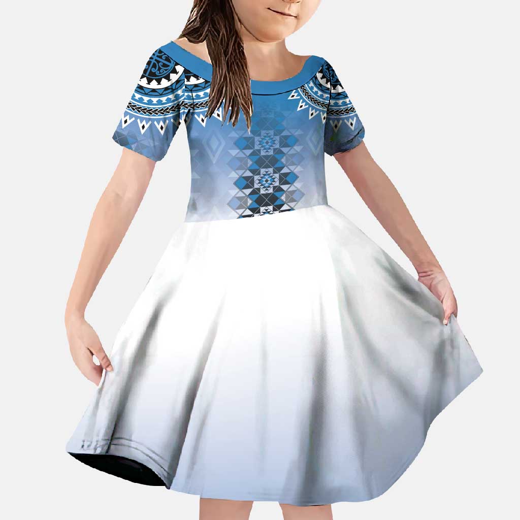 New Zealand Family Matching Long Sleeve Bodycon Dress and Hawaiian Shirt Poutama Mix Blue Taniko Inspired Art LT05 Daughter's Dress Blue - Polynesian Pride