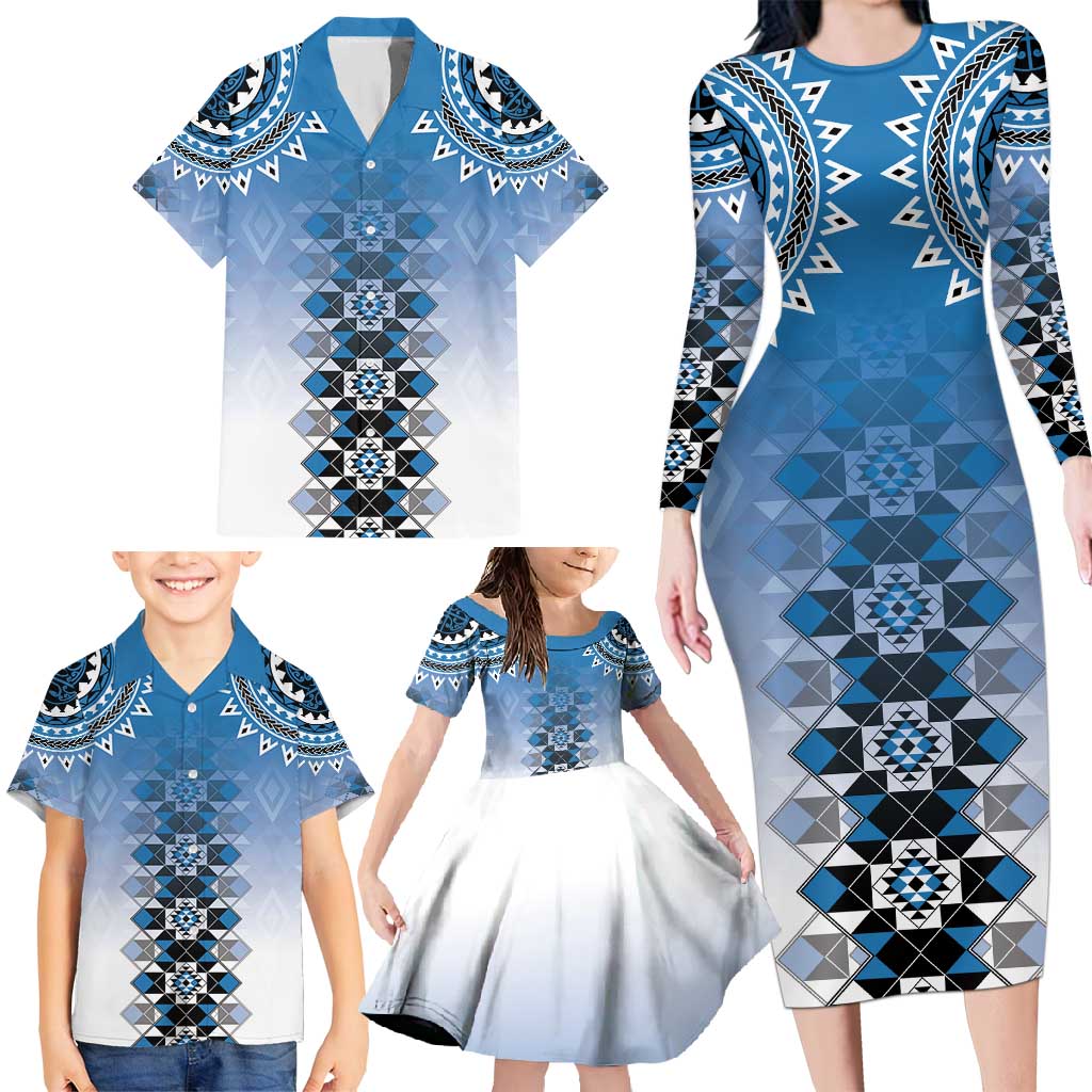 New Zealand Family Matching Long Sleeve Bodycon Dress and Hawaiian Shirt Poutama Mix Blue Taniko Inspired Art LT05 - Polynesian Pride