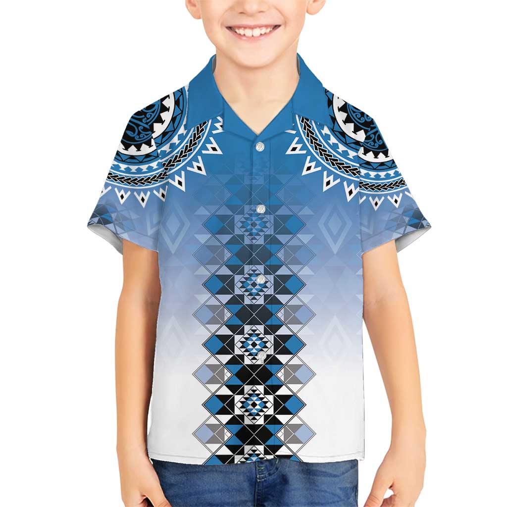New Zealand Family Matching Long Sleeve Bodycon Dress and Hawaiian Shirt Poutama Mix Blue Taniko Inspired Art LT05 Son's Shirt Blue - Polynesian Pride