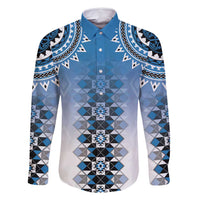 New Zealand Family Matching Mermaid Dress and Hawaiian Shirt Poutama Mix Blue Taniko Inspired Art LT05 Dad's Shirt - Long Sleeve Blue - Polynesian Pride