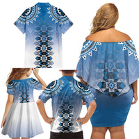 New Zealand Family Matching Off Shoulder Short Dress and Hawaiian Shirt Poutama Mix Blue Taniko Inspired Art LT05